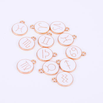 Alloy Enamel Pendants, Flat Round with Twelve Constellation, Light Gold, White, 15x12x2mm, Hole: 1.5mm, 12pcs/bag