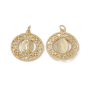 Brass Clear Cubic Zirconia Pendants, with Jump Ring, Flat Round with Virgin Mary Charms, Real 18K Gold Plated, 24x21x3mm, Hole: 3mm