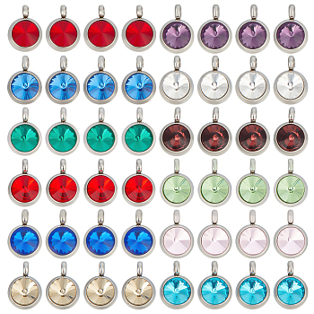 48Pcs 12 Colors 304 Stainless Steel Rhinestone Charms, Birthstone Color Style Flat Round Charms, Mixed Color, 11x7.5x5mm, Hole: 2mm, 4Pcs/color