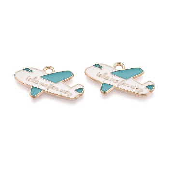 Alloy & Enamel Pendants, Airplane Charms, Golden, Medium Turquoise, 13x24x1mm, Hole: 2mm