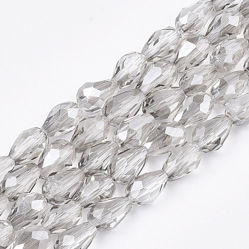 Electroplate Glass Beads Strands, Faceted, Pearl Luster Plated, Teardrop, Light Grey, 7.5~8x6mm, Hole: 1mm, about 66~68pcs/strand, 22.6 inch
