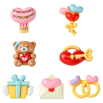 7Pcs 7 Styles Ring/Box/Lock/Envelope/Bear/Balloon/Hot Air Balloon Valentine's Day Theme Opaque Resin Decoden Cabochons, Mixed Shapes, 18~28x20.5~29x7.5~9mm, 1pc/style