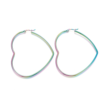 304 Stainless Steel Hoop Earrings, Hypoallergenic Earrings, Heart, Rainbow Color, 12 Gauge, 67x58x2mm, Pin: 1x0.6mm