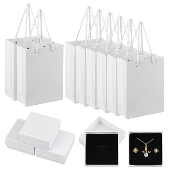 8Pcs Square Paper Gift Boxes, with Black Sponge and 8Pcs Rectangle Cardboard Paper Tote Bags, White, Gift Boxes: 8.45x8.55x3.7cm