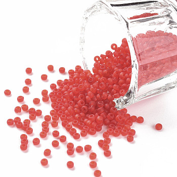 12/0 Grade A Round Glass Seed Beads, Transparent Frosted Style, Red, 2x1.5mm, Hole: 0.8mm, 30000pcs/bag