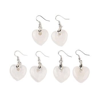 Natutal Quartz Crystal Dangle Earrings, with Rack Plating Brass Earring Hooks, Lead Free & Cadmium Free, Heart, 47x23mm