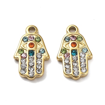 Ion Plating(IP) 304 Stainless Steel Charms, with Colorful Rhinestone, Hamsa Hand with Eye Charm, Real 18K Gold Plated, 12x7x2mm, Hole: 1.2mm