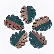 Resin & Walnut Wood Pendants, Tropical Leaf Charms, Monstera Leaf, Dark Slate Gray, 37.5x30x3~3.5mm, Hole: 2mm(X-RESI-S358-57F)