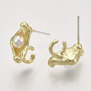 Alloy Stud Earring Findings, with ABS Plastic Imitation Pearl, with Loop, Light Gold, 13x7mm, Hole: 3.5mm, Pin: 0.6mm(PALLOY-S121-236)