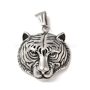 304 Stainless Steel Pendants, Tiger Charm, Antique Silver, 34.5x31.5x12.5mm, Hole: 9x4.5mm(STAS-U001-10AS)