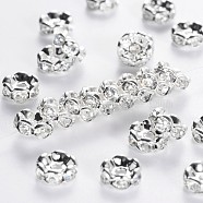 Brass Rhinestone Spacer Beads, Grade AAA, Wavy Edge, Nickel Free, Silver Color Plated, Rondelle, Crystal, 7x3.2mm, Hole: 1.2mm(RB-A014-L7mm-01S-NF)