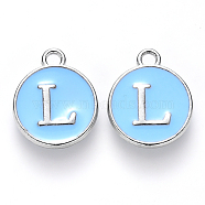 Platinum Plated Alloy Enamel Charms, Cadmium Free & Lead Free, Enamelled Sequins, Flat Round with Letter, Sky Blue, Letter.L, 14x12x2mm, Hole: 1.5mm(ENAM-S118-04L-P)