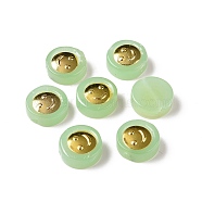 Transparent Spray Painted Glass Beads, with Golden Brass Findings, Flat Round with Smile, Pale Green, 11.5x4mm, Hole: 1.2mm(GLAA-I050-15G)