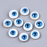 Natural Freshwater Shell Beads, with Enamel, Flat Round with Evil Eye, Dodger Blue, 9x3.5mm, Hole: 0.8mm(SHEL-T018-09A-03)