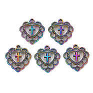 Alloy Pendants, Crosslet Heart Pendants, Cadmium Free & Nickel Free & Lead Free, Heart with Cross, Rainbow Color, 21.5x20x3mm, Hole: 1.4mm(PALLOY-S180-124-NR)