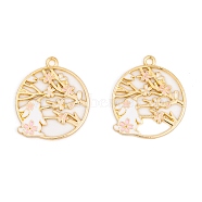 Rack Plating Alloy Enamel Pendants, Golden, Flat Round with Rabbit & Flower Charm, Pink, 28x25x1.5mm, Hole: 1.8mm(FIND-A040-05A-03G)
