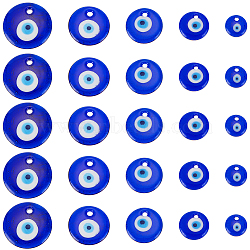 25Pcs 5 Style Transparent Glass Pendants, Flat Round with Evil Eye, Blue, 15~35mm, 5pcs/style(LAMP-OC0001-60)