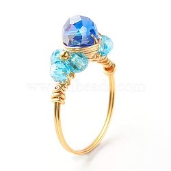 Electroplate Faceted Glass Beads Finger Ring, Real 18K Gold Plated Copper Wire Wrap Ring for Girl Women, Indigo, US Size 8(18.1mm)(X1-RJEW-TA00014-04)