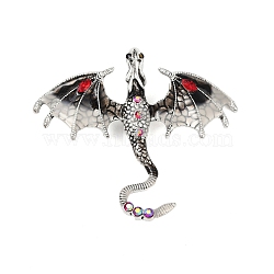 Dragon Enamel Pins, Antique Silver Alloy Rhinestone Brooch, Black, 61x70.5x10.5mm(JEWB-Q031-08AS-02)