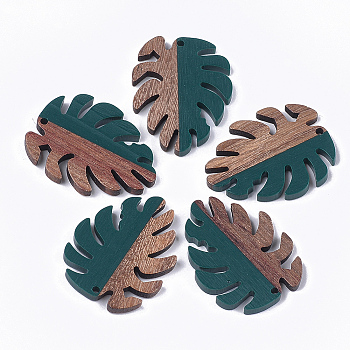 Resin & Walnut Wood Pendants, Tropical Leaf Charms, Monstera Leaf, Dark Slate Gray, 37.5x30x3~3.5mm, Hole: 2mm