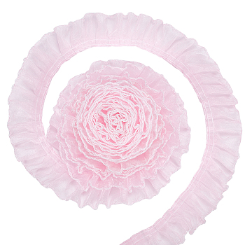 8 Yards Polyester Pleated Lace Trim, Ruffled Lace Ribbon for Garment Accessories, Pink, 1-5/8 inch(40mm)