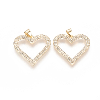 Brass Micro Pave Cubic Zirconia Pendants, Long-Lasting Plated, Heart, Clear, Real 18K Gold Plated, 23.5x25.5x2mm, Hole: 3.5x4.5mm