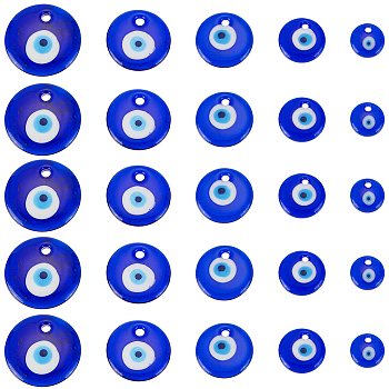 25Pcs 5 Style Transparent Glass Pendants, Flat Round with Evil Eye, Blue, 15~35mm, 5pcs/style