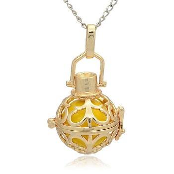 Golden Tone Brass Hollow Round Cage Pendants, with No Hole Spray Painted Brass Round Beads, Gold, 33x24x21mm, Hole: 3x8mm