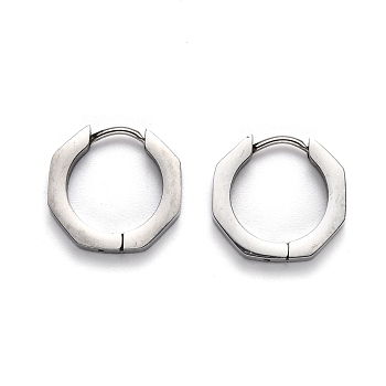 304 Stainless Steel Octagon Huggie Hoop Earrings, Stainless Steel Color, 15x16x3mm, Pin: 1mm