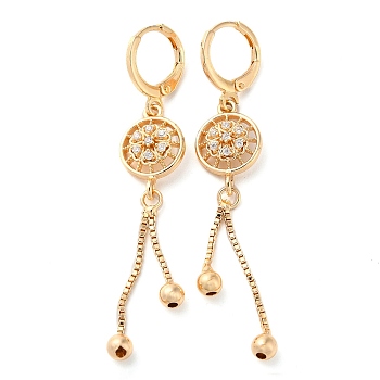 Rhinestone Flower Leverback Earrings, Brass Chains Tassel Earrings for Women, Light Gold, 58x10.5mm