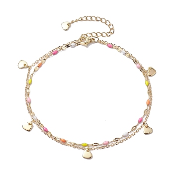 304 Stainless Steel Enamel Link Chains Anklets, Heart Charm Anklets, Colorful, 9-1/8 inch(23cm)