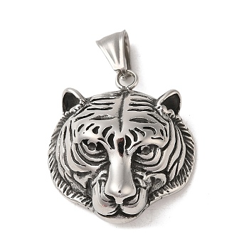 304 Stainless Steel Pendants, Tiger Charm, Antique Silver, 34.5x31.5x12.5mm, Hole: 9x4.5mm