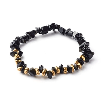 Natural Obsidian Chip Beads Stretch Bracelets, with Non-magnetic Synthetic Hematite Beads, Inner Diameter: 2-1/8 inch(5.5cm)