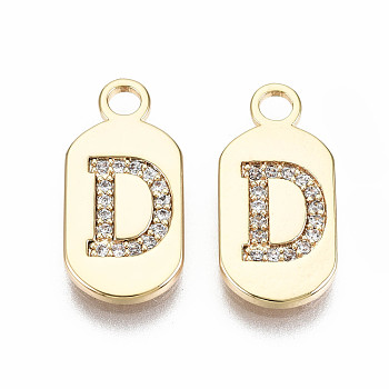 Brass Micro Pave Clear Cubic Zirconia Pendants, Nickel Free, Real 18K Gold Plated, Oval with Word, Letter.D, 16x7.5x1.5mm, Hole: 1.8mm