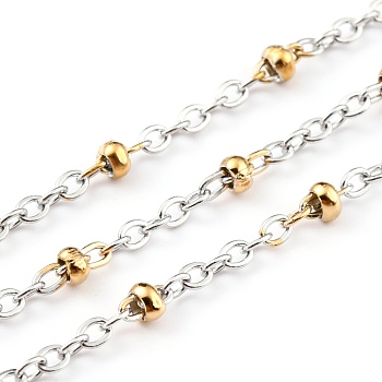 Two Tone 304 Stainless Steel Cable Chains, with Spool & Round Beads, Soldered, Golden & Stainless Steel Color, 3x2x1mm, 32.8 Feet(10m)/roll