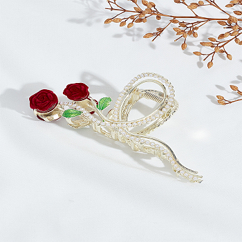 1Pc Alloy Rhinestone Claw Hair Clips, Enamel Style, with Velvet Flower, FireBrick, 63x125x39mm