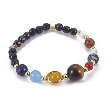 Solar System Galaxy The Nine Planets Guardian Star, Natural Mixed Stone Beads Stretch Bracelets, with Brass Findings, Lead Free & Cadmium Free, 2 inch(5cm)