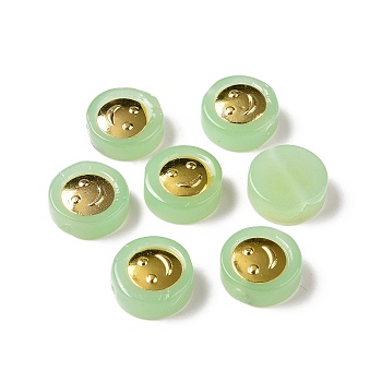 Transparent Spray Painted Glass Beads, with Golden Brass Findings, Flat Round with Smile, Pale Green, 11.5x4mm, Hole: 1.2mm