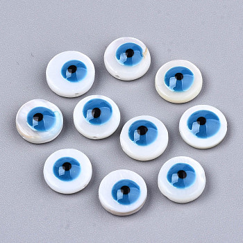 Natural Freshwater Shell Beads, with Enamel, Flat Round with Evil Eye, Dodger Blue, 9x3.5mm, Hole: 0.8mm