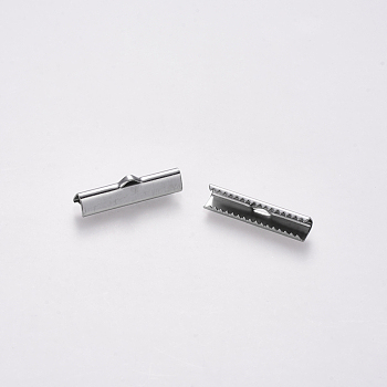 304 Stainless Steel Ribbon Crimp Ends, Stainless Steel Color, 7x25mm, Hole: 1.5x2mm