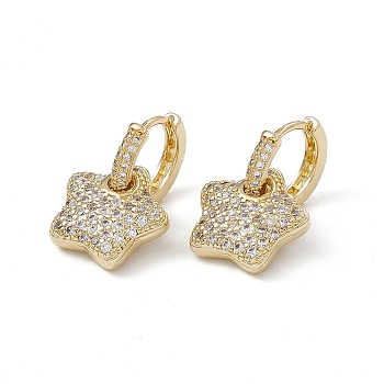 Rack Plating Brass Hoop Earrings for Women, Star Micro Pave Clear Cubic Zirconia Charm Earrings, Long-Lasting Plated, Lead Free & Cadmium Free, Real 18K Gold Plated, 23mm, Pin: 1mm
