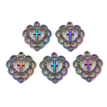 Alloy Pendants, Crosslet Heart Pendants, Cadmium Free & Nickel Free & Lead Free, Heart with Cross, Rainbow Color, 21.5x20x3mm, Hole: 1.4mm