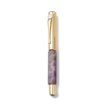 Natural Amethyst Brass Pens, Reiki Energy Fountain Pen, with Pen Case, Office & School Supplies, 142x19x14mm