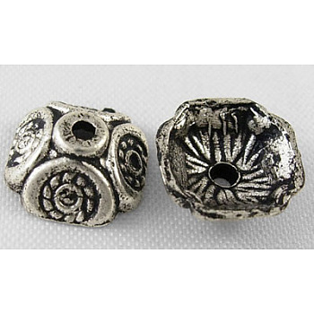 Tibetan Style Alloy Bead Caps, Lead Free and Cadmium Free, Flower, Antique Silver, about 9mm in diameter, 4mm thick, hole: 1mm
