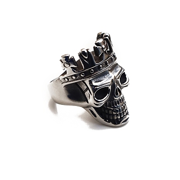 Steam Punk Style Titanium Steel Skull King Finger Rings, Skull with Crown Ring, Biker Ring for Men, Antique Silver, US Size 8(18.1mm)