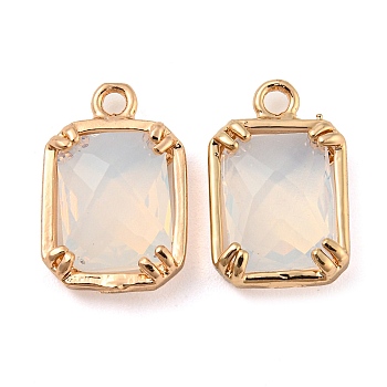 Brass with WhiteSmoke Glass Pendants, Faceted Rectangle Charms, Long-Lasting Plated, Golden, 14x9x3.5mm, Hole: 1.5mm