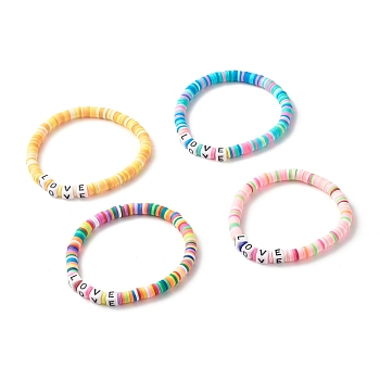 Love Word Acrylic Beads Stretch Bracelet, Handmade Polymer Clay Heishi Beads Surfering Bracelet for Girl Women, Mixed Color, Inner Diameter: 2-1/4 inch(5.8cm)