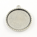 Tibetan Style Cvared Alloy Flat Round Pendant Cabochon Settings, Plain Edge Bezel Cups, Cadmium Free & Lead Free, Antique Silver, Tray: 30mm, 38x33x3mm, Hole: 3mm, about 132pcs/1000g(TIBEP-Q045-022AS-RS)