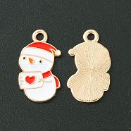Christmas Alloy Enamel Pendants, Golden, Snowman Charm, White, 21x12x1mm, Hole: 1.8mm(ENAM-D047-07G-03)