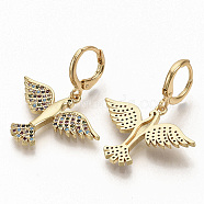 Brass Micro Pave Colorful Cubic Zirconia Dangle Hoop Earrings, Pigeon, Real 16K Gold Plated, 34mm, Pin: 1mm(EJEW-S208-072)